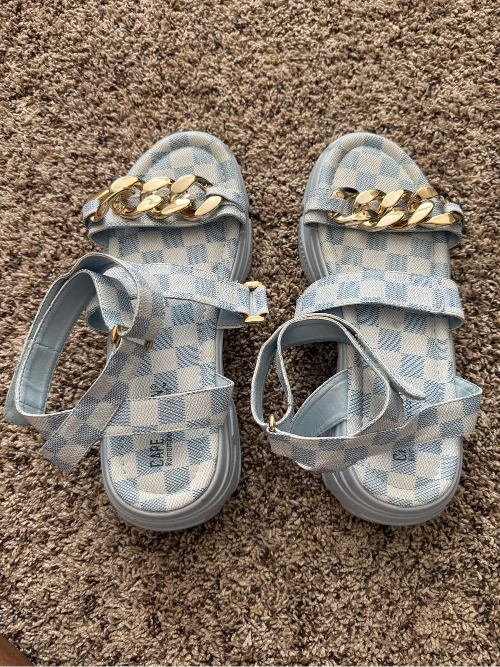 Cape Robbin Light Blue Check Kids Sandals with Gold Chain